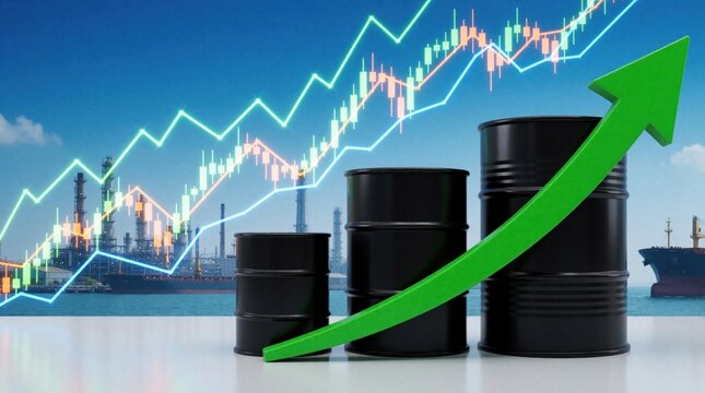 Oil barrels increase in size with rising graph and arrow. Stock market charts overlay industrial refinery and cargo ship background. Energy sector growth concept.