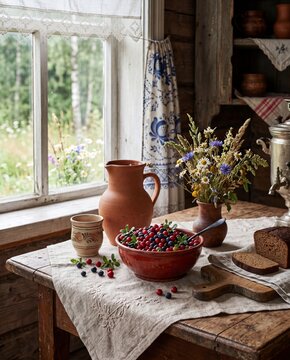 Rustic cottage kitchen still life with fresh berries, wildflower bouquet, clay pitcher and bread on wooden table by window, evoking cozy farmhouse living and natural harvest charm.