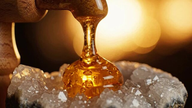 Golden honey dripping from wooden dipper onto sparkling crystal geode, macro close-up, organic natural sweetener, luxury food presentation