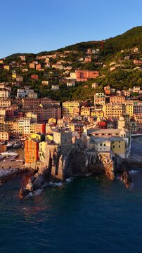 Picturesque Italian village of Camogli on Italian Riviera in Liguria, holiday destination in Europe, colorful buildings on the Italian coast of the Mediterranean Sea