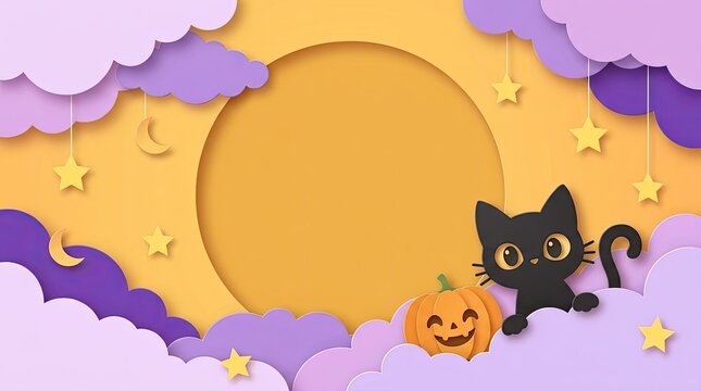 Cute paper cut Halloween background with black cat jack o lantern pumpkin hanging stars and pastel purple clouds around full moon copy space