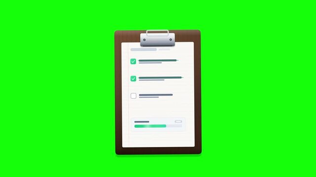 Clipboard With Checklist Animation Showing Task Completion Progress On Green Screen