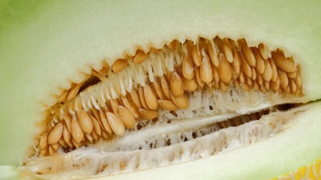 Fresh Melon Seeds Inside a Cut Melon