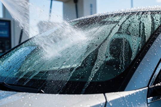 Water sprays onto car windshield at self-service car wash. Tiny droplets collect and run down glass. Bright sun creates sparkling effect on wet surface. Cleaning transportation is simple.