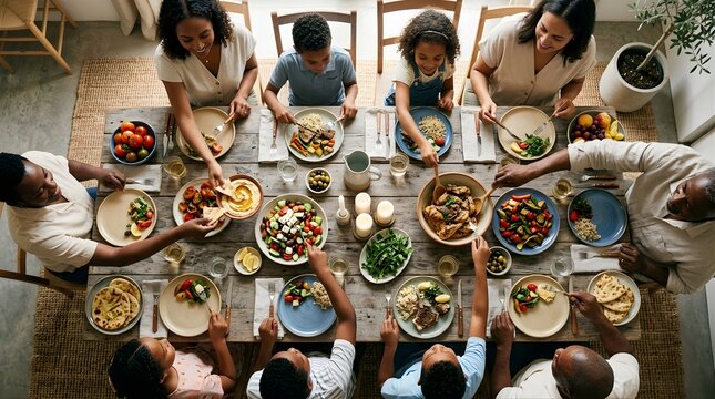 Diverse multi-generational family sharing a healthy dinner at home table