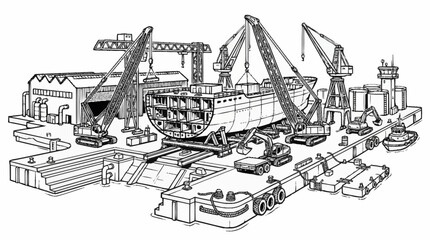 Fototapeta premium Corporate of Modern Shipbuilding Dry Dock with Heavy Machinery and Equipment in Monochrome with high quality professional line art symbols for modern creative design and digital branding projects