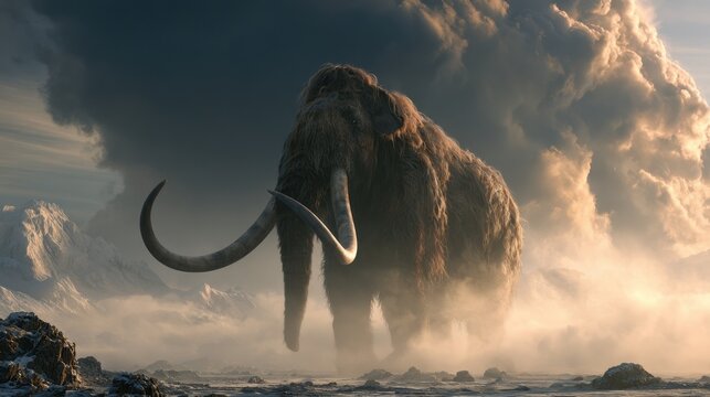 Majestic woolly mammoth amid dramatic cloudy sky on rocky terrain with dust and sunlight in prehistoric atmospheric scene