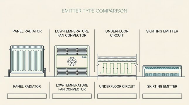 Heat emitter type comparison showing panel radiator low temperature fan convector and underfloor.