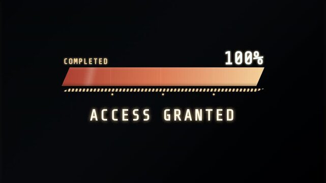 Futuristic digital loading bar animation showing unlocking progress and access granted message.