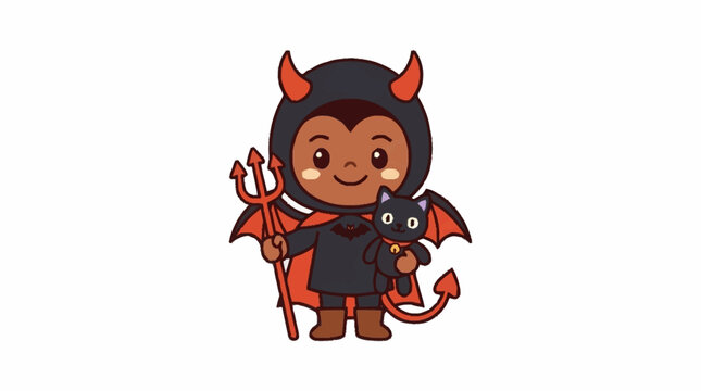 Creative Cartoon Devil Character Holding a Black Cat with Bat Wings and Pitchfork in Halloween Costume