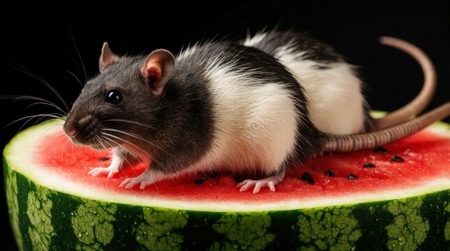 Two black, white rats sit on fresh juicy watermelon slice. Small pets enjoy summer fruit snack in garden. Cute rodents explore red watermelon flesh with seeds. Close up shot of adorable animals