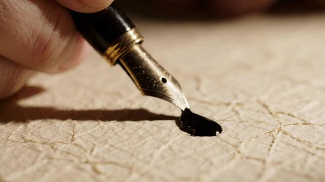 Fountain pen writing black ink on vintage parchment paper, close-up macro shot of calligraphy and traditional stationery