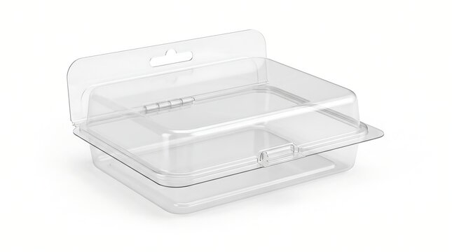 Clear empty plastic clamshell blister packaging with hinge isolated on white background for retail.