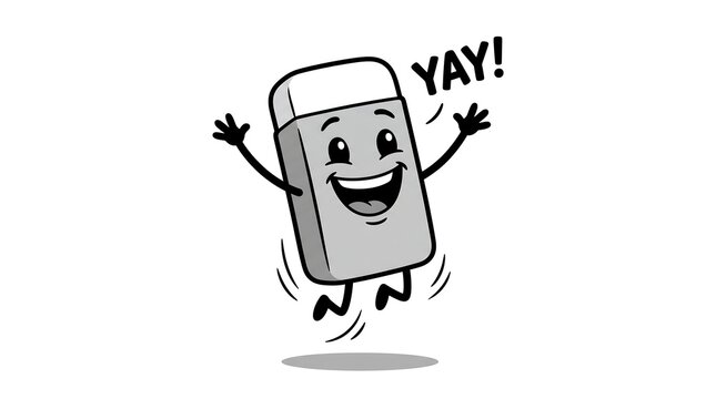 Happy eraser character jumping with excitement, saying yay, fun isolated illustration for education.