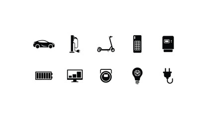 Naklejka premium Collection of flat icons representing modern electric transportation and energy devices in minimalist style with Nine black white icons illustrate electric vehicles