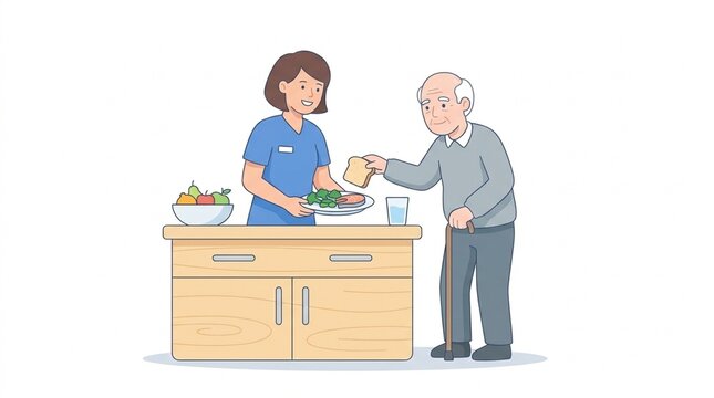 Nurse serving meal to senior man at kitchen counter patient care