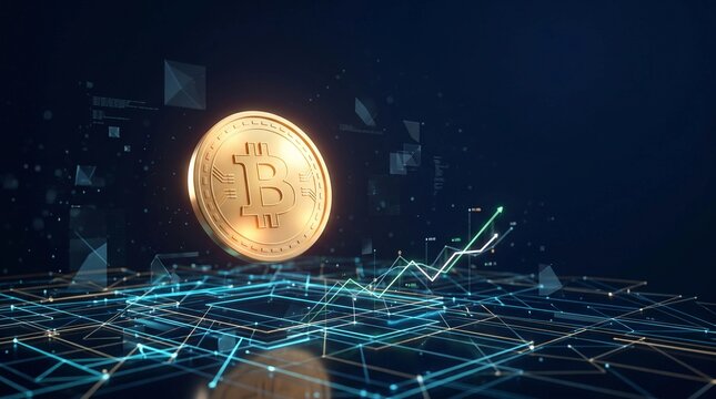Golden crypto coin floating over glowing digital blockchain network matrix