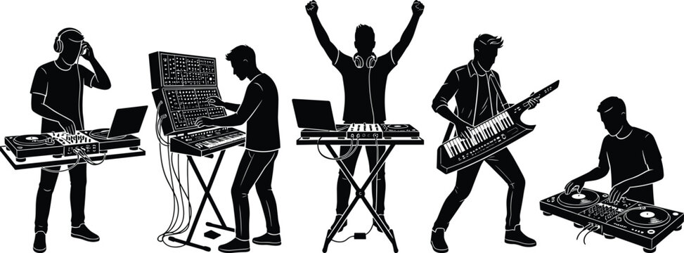 Electronic music performers and DJs with turntables keyboards and keytar isolated black silhouette vector illustration