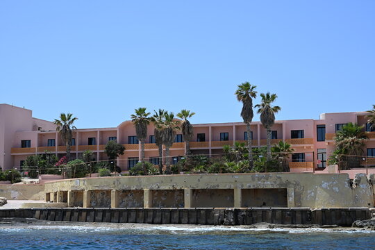 Malta, Comino - aerial view over the abandoned hotel Santa Maria Bay 