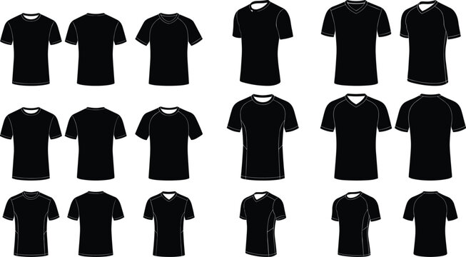 Fashion technical sketch set of men short sleeve black t shirt vector illustration featuring front back side views