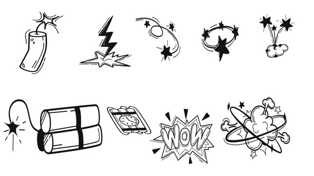 Set of hand drawn explosion and bomb doodle icons