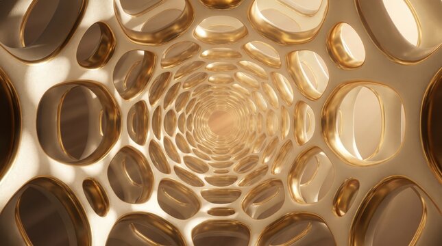 Metallic gold voronoi tunnel structure features shiny reflective surfaces and organic honeycomb patterns creating abstract luxury depth.