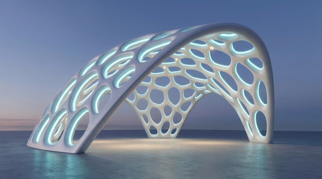 Illuminated organic arch structure stands on concrete plaza under twilight sky displaying glowing edges and parametric lattice geometry.
