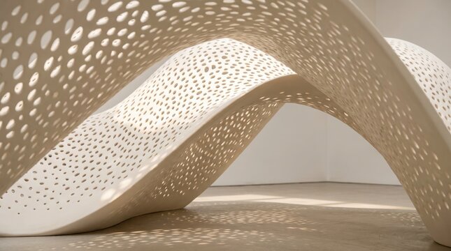 Curved beige perforated architectural structure creates dynamic dappled shadow patterns on a smooth concrete floor indoors.