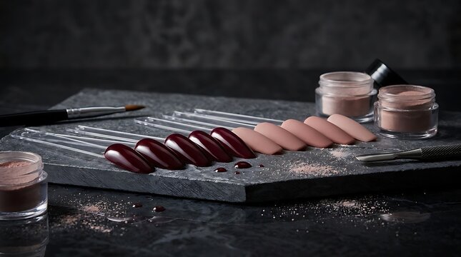 Set of fake nails with colorful polish and makeup brushes on a dark wooden table for professional salon. gel vs dip nails