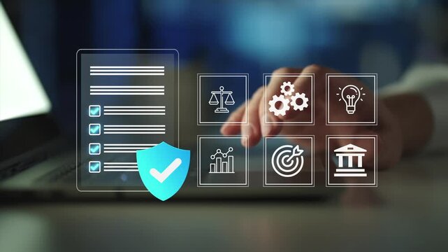Compliance, standards, laws and policies concept. Legal and compliance icons, regulatory requirements, policy management, risk control and corporate governance. 