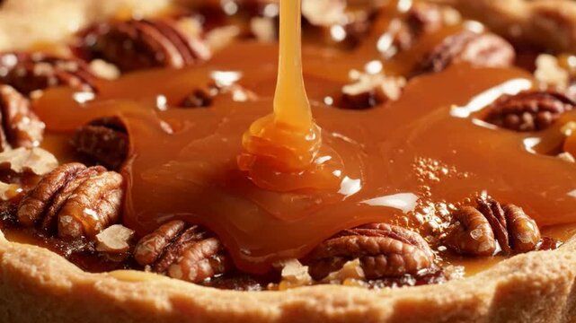 Golden caramel sauce pouring over delicious pecan pie, close-up macro shot of gourmet dessert preparation for bakery and food advertising