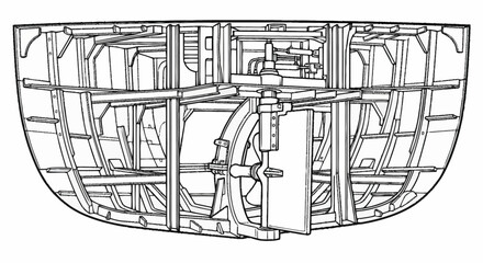 Dynamic Black and White Line Drawing of an Intricate Vintage Ship Wheelhouse and Steering Mechanism © Enzili
