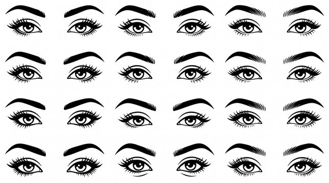 Collection of various female eye shapes and eyebrow styles for makeup design, lash extensions and microblading vector illustration