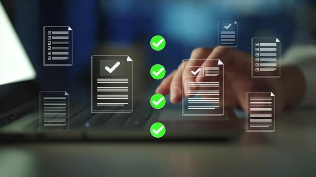 Business performance checklist for form approval concept. approval and performance tracking icons, workflow verification, KPI monitoring and business process management.