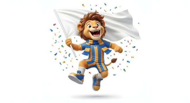 3D illustration of a cute lion sports mascot wearing a blue and yellow scarf, jumping and holding a white flag amidst confetti.