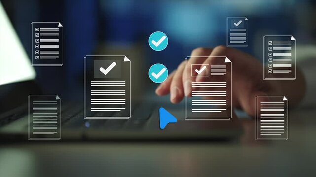 Business performance checklist for form approval concept. approval and performance tracking icons, workflow verification, KPI monitoring and business process management.
