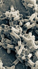 Obraz premium Lethal microbe cluster: Yersinia Pestis, Plague transmission, infect organism, microscopic structure, biological weapon, cause pandemic, multiply fast, pathogenic agent, cellular division.