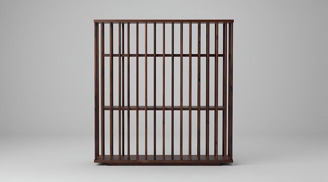Empty antique wooden jail cell prison bars.