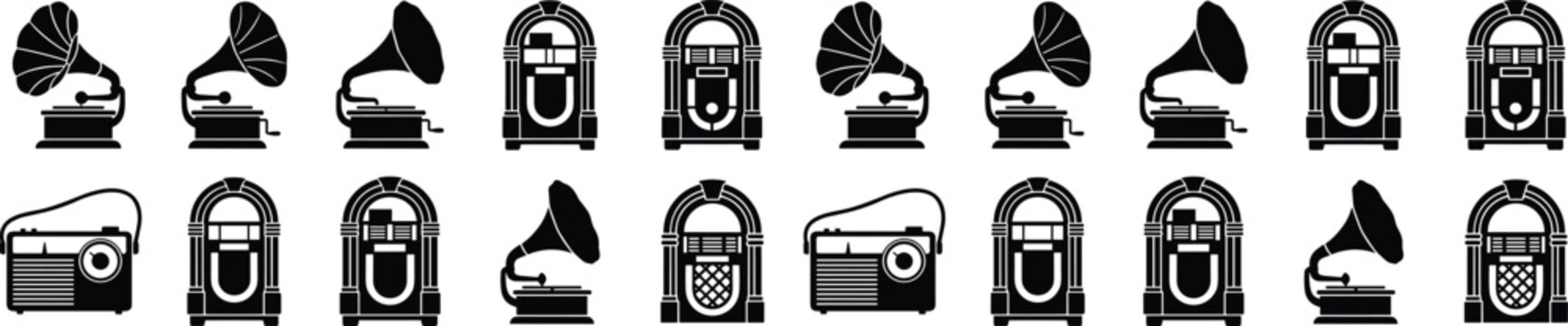 Vintage music player icons set featuring retro jukebox gramophone and portable radio black silhouettes isolated on white background