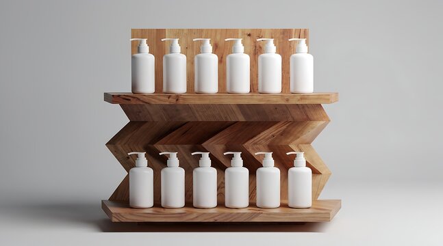 Minimalist cosmetic bottles on wooden display shelf.