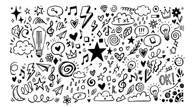 Large collection of hand drawn doodle icons including hearts stars clouds speech bubbles and various abstract shapes in a creative artistic black and white sketch style pattern design