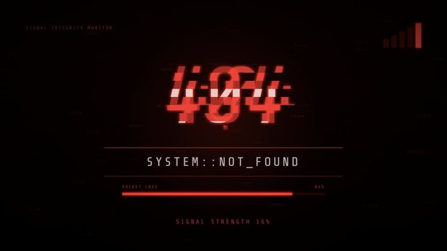 Digital 404 error screen with red glitch effects and system failure message.