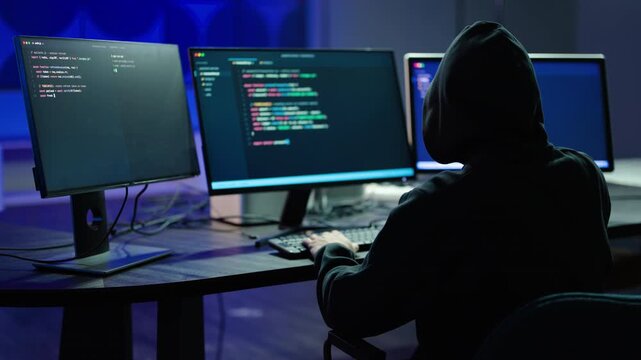 Anonymous hacker in a black hoodie typing code on multiple computer monitors in a dark room. Concept of cyber crime, network security breach, software development, and data theft at night.