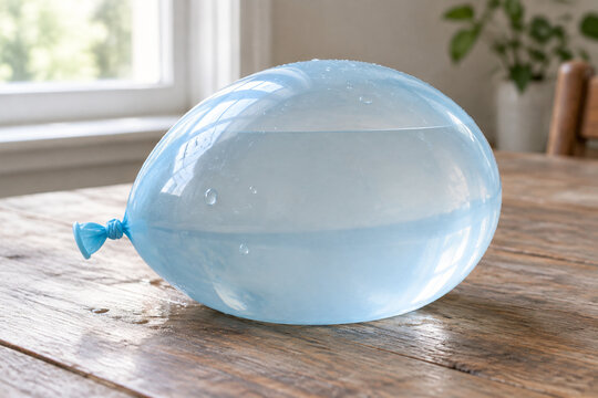 Overfilled translucent water balloon on wooden table, tension and fragility concept
