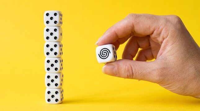 Minimalist white dice stack on yellow background. Hand holding unique spiral die, business strategy and risk management concept.