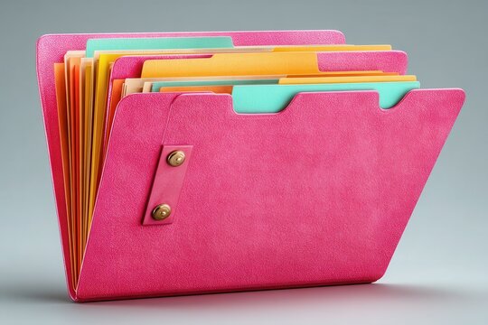 Pink document folder with colorful paper inserts organized