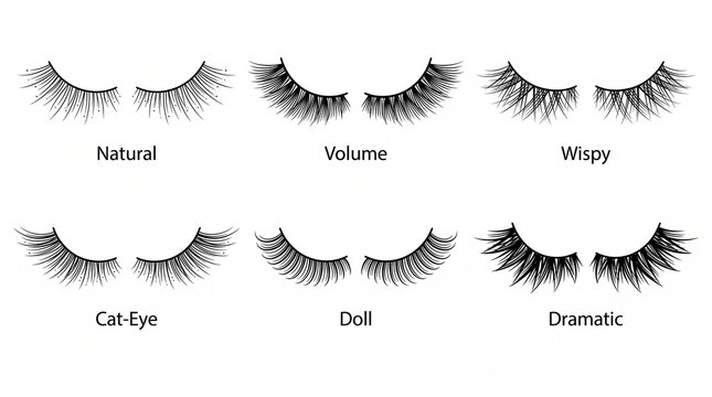 False eyelash extension styles guide featuring natural volume wispy cat-eye doll and dramatic lash sets for professional makeup.