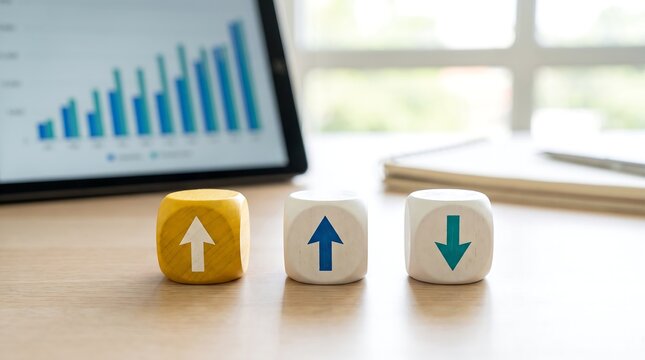 Financial growth concept with arrow icons on dice, business data chart on tablet, market trend analysis and investment strategy