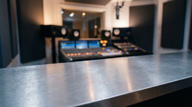 Steel Countertop in a Blurred Recording Studio Interior