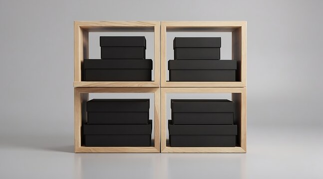 Wooden Cube Shelf Stacked With Black Videotapes Retro Media Collection.